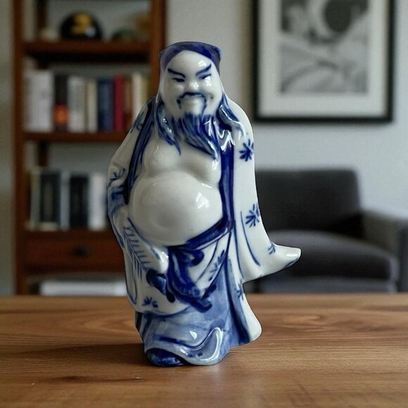 Vintage Chinese Blue White Porcelain Figurine Immortal / Wise Man Statue Amulet - Picture 1 of 6